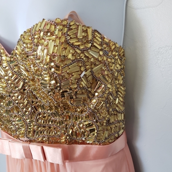 La Femme NWT Peach Apricot Maxi 10 Dress Strapless Tube Top Gold Gem Bust Flawed - Picture 4 of 10